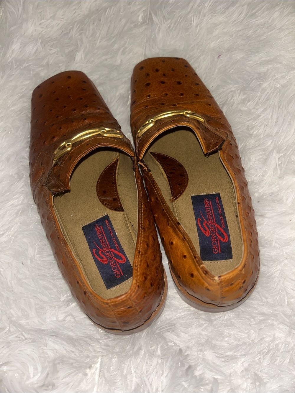 Giorgio Brutini Tan Ostrich-Textured Loafers with Gold Bit 05-05-01